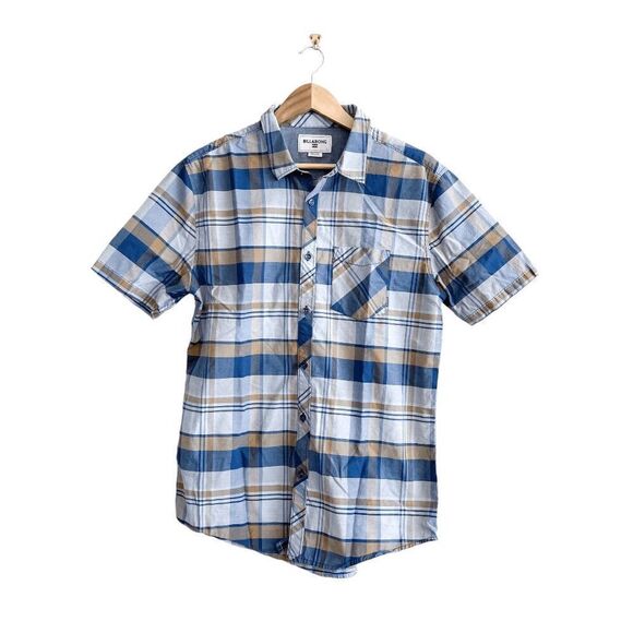 Billabong Mens Short Sleeves Button-Up Plaid Shirt Blue Tan Size Large - Picture 1 of 8
